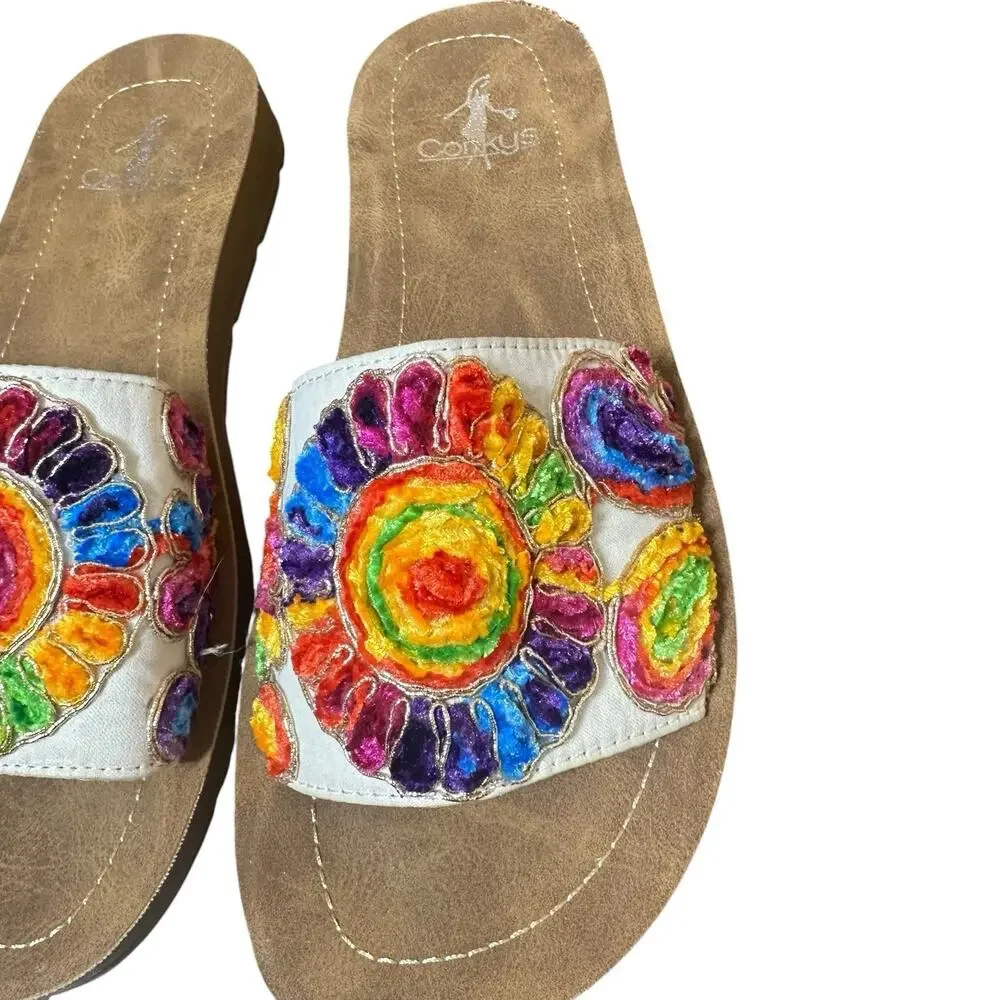 Corkys Pinwheel Slides Slip on Flat Sandals White Multicolor Flower Size 7 Boho‎